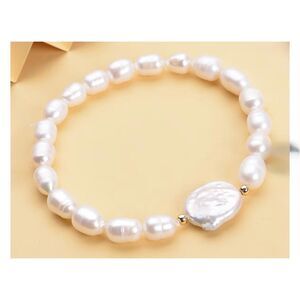 White Coin Pearl and White Freshwater Cultured Pearl Stretch Bracelet in Sterlin